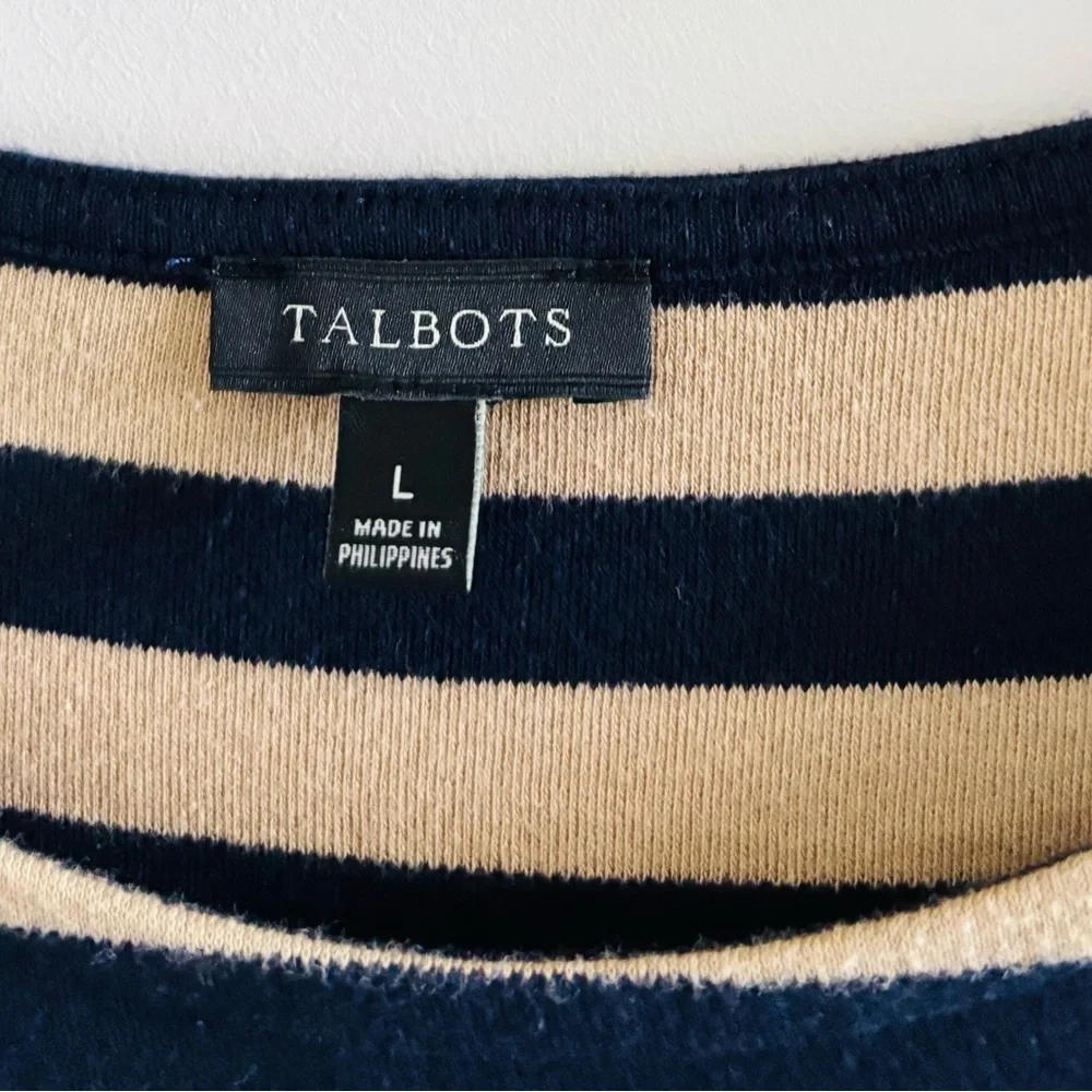 Talbots Dress Navy Tan Stripe Long Sleeve Cotton Knee Women’s L Preppy Nautical
